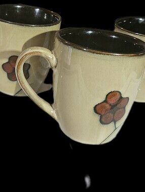Pfaltzgraff Cream and Brown Red Floral Mugs Cups. - Set of 3, Discontinued.